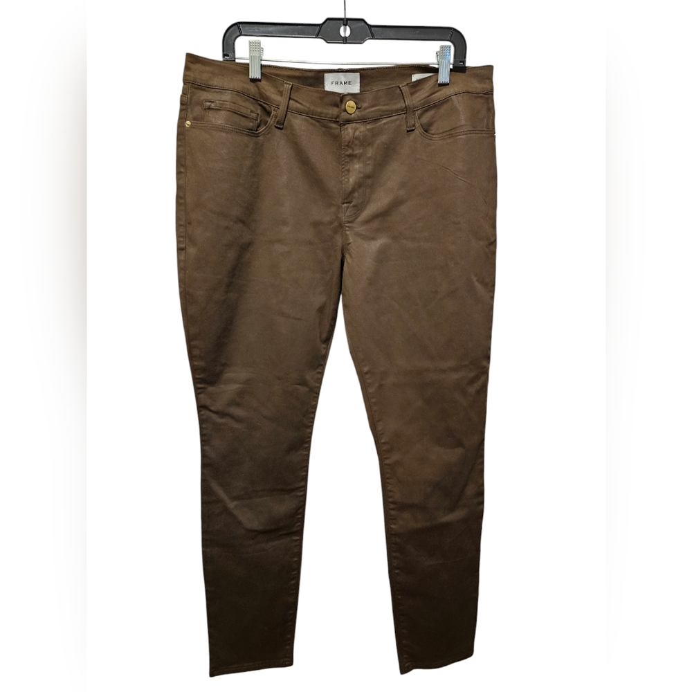 Frame Brown Military Coated Skinny Pants Jeans Womens 33 (Olive Green Tones)